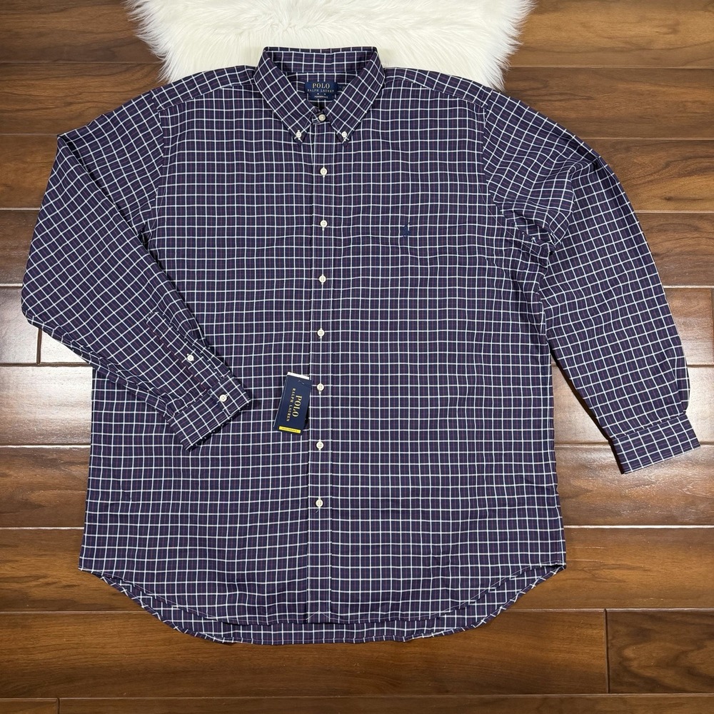 Polo Ralph Lauren Men Size 3XLT Blue Red White Plaid Button Up Performance Shirt